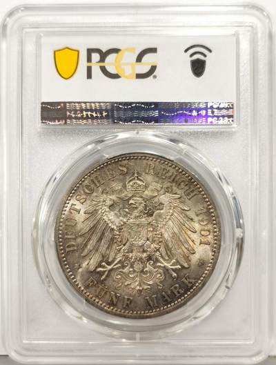 博洋堂“生趣盎然”4月精品专场暨第169期（全场包邮） PCGS MS63 德国普鲁士1901年建国纪念5马克银币，转光明显自然五彩
