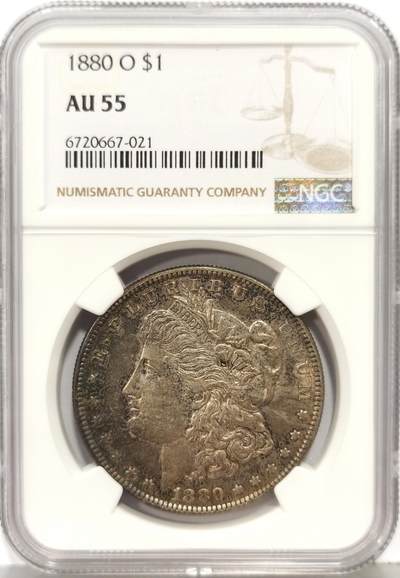 博洋堂“生趣盎然”4月精品专场暨第169期（全场包邮） NGC AU55 美国1880年O版摩根银币，原汁原味老包浆，包浆醇厚浓郁，味道绝，双面五彩包浆，味道币味道足，状态佳，疑似低评。