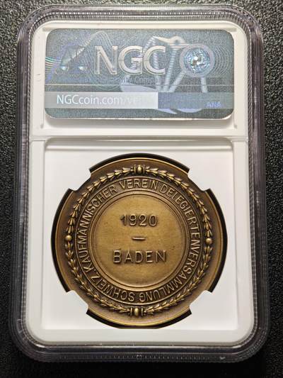 【德藏】世界币章拍卖第171期（拍品征集中~欢迎藏友联系） 1920年 瑞士商业协会在德国巴登召开代表大会纪念铜章 NGC MS62BN 立体感极强 加厚盒封装