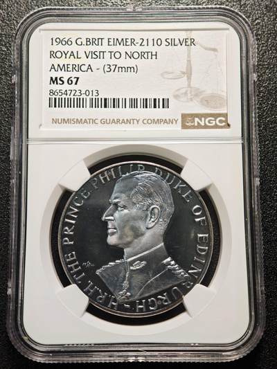 【德藏】世界币章拍卖第171期（拍品征集中~欢迎藏友联系） 1966年 英国爱丁堡公爵菲利普亲王访问北美纪念银章 NGC MS67 温润绚蓝 镜面光感