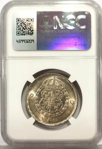 博洋堂“生趣盎然”4月精品专场暨第169期（全场包邮） NGC SP66 瑞典1947年古斯塔夫老国王2K样币！最大面值！SP精致样币！不是流通币！近期外拍火热品种，一款1937年古斯塔夫2K成交价一万多！还是PF66（非SP样币）！外带一枚同样1947年普制币。63分普制币都好几百了