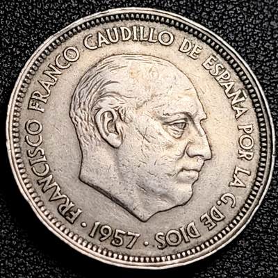 泉币菌-第231场-拍品多 请提前出价 佛朗哥西班牙1957年 50比塞塔铜镍硬币。30.0毫米 12.4克