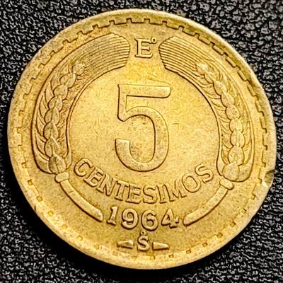 泉币菌-第231场-拍品多 请提前出价 展翅秃鹫 智利5分黄铜硬币 1964年 23.3毫米 4.12克