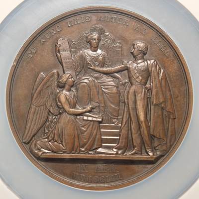 【德藏】世界币章拍卖第171期（拍品征集中~欢迎藏友联系） 1853年 比利时利奥波德王子进入参议院74mm纪念大铜章 著名雕刻师WIENER作品 NGC AU58BN 正面是利奥波德王子左侧面头像，背面是天使和王子的场景 铜质厚重 浮雕精美 巧克力包浆 品相完好 大盒封装