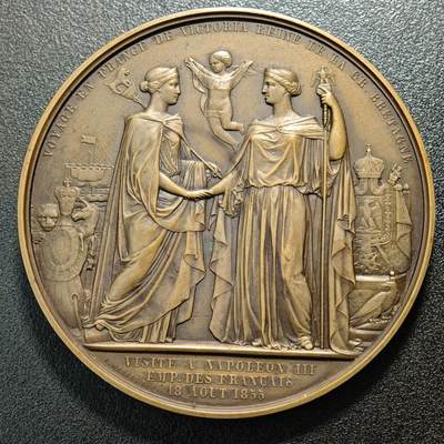 【德藏】世界币章拍卖第171期（拍品征集中~欢迎藏友联系） 1855年 法国拿破仑三世与英国维多利亚女王会晤纪念大铜章 丰饶角边铭 直径约：75.9mm；重约：204.3g