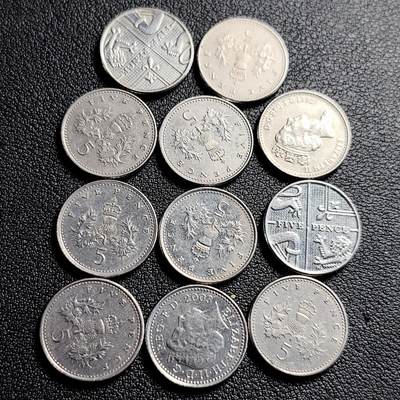 泉币菌-第231场-拍品多 请提前出价 高币值11枚一组 英国5便士小版 混合年份