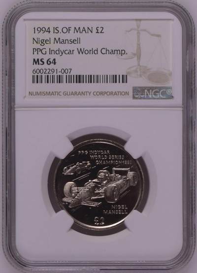 S&S Numismatic世界钱币-拍卖 第126期  马恩岛1994年 PPG印地汽车世界冠军-奈杰尔·曼塞尔 2英镑特殊材质Virenium纪念币 NGC MS64