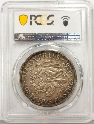 博洋堂“生趣盎然”4月精品专场暨第169期（全场包邮） PCGS MS62 英属塞浦路斯1928年乔治五世45皮阿斯特银币，传世包浆
