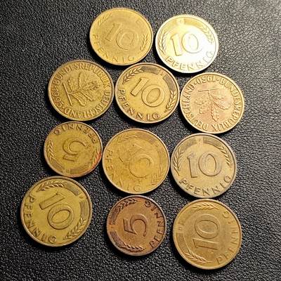 泉币菌-第231场-拍品多 请提前出价 11枚一组 联邦德国多面值芬尼硬币 橡树 麦穗银行版 混合年份