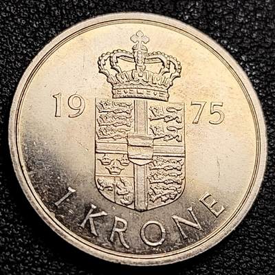 泉币菌-第231场-拍品多 请提前出价 原光极美 丹麦1975年1克朗 皇冠 玛格丽特二世女王 BB版 铜镍币 25.5mm