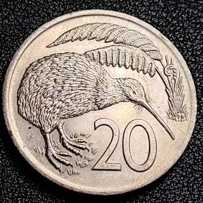泉币菌-第231场-拍品多 请提前出价 英属新西兰 20分铜镍币 无翼鸟几维鸟鹬鸵 29mm