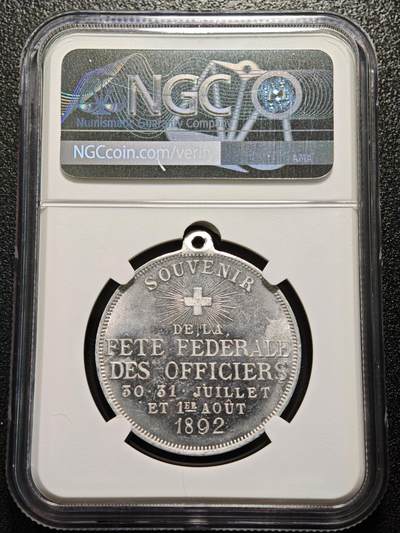 【德藏】世界币章拍卖第171期（拍品征集中~欢迎藏友联系） 1892年 瑞士军官节城市景观白色金属纪念章 NGC MS63 品相极佳 