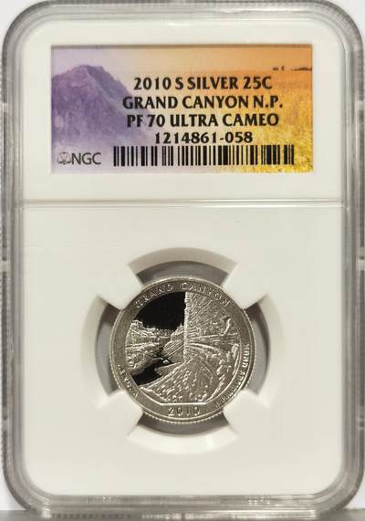 博洋堂“生趣盎然”4月精品专场暨第169期（全场包邮） NGC PF70UC 美国2010年美丽美国-大峪谷国家公园1/4元精制银币，PROOF精制币，币面清爽干净又舒适，打制精美，小巧精致，状态一流，冠军分。