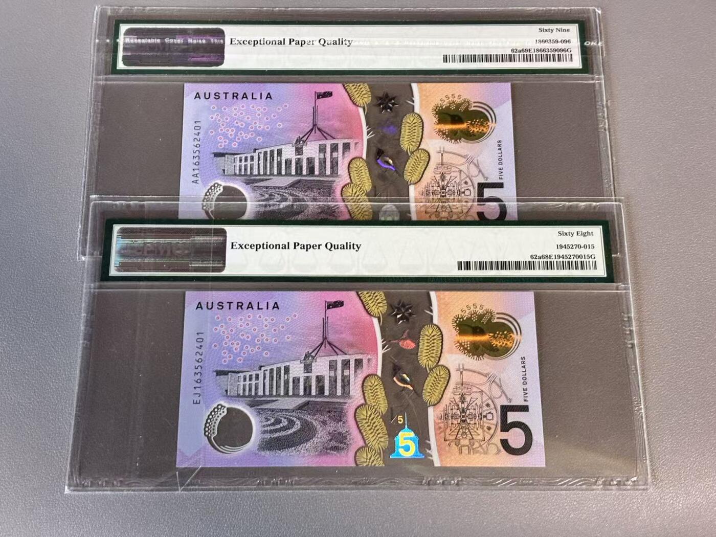 【Blue Auction】世界纸币精拍第812期——18级TOP拍卖/信誉/品质/专业/高效💫 【一组2张同号 含AA冠】澳大利亚 2016年5元 PMG69EPQ-68EPQ 高分