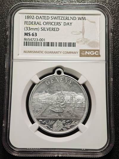 【德藏】世界币章拍卖第171期（拍品征集中~欢迎藏友联系） 1892年 瑞士军官节城市景观白色金属纪念章 NGC MS63 品相极佳 
