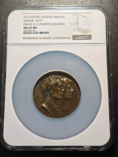 【德藏】世界币章拍卖第171期（拍品征集中~欢迎藏友联系）  1913年 奥地利弗兰兹·弗雷海尔男爵与伊丽莎白结婚高浮雕约53mm纪念大铜章 NGC MS63BN 包浆温润 雕刻精美 品相极佳 大盒封装