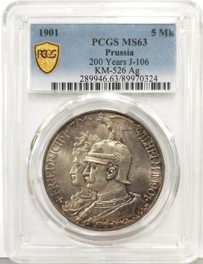 博洋堂“生趣盎然”4月精品专场暨第169期（全场包邮） PCGS MS63 德国普鲁士1901年建国纪念5马克银币，转光明显自然五彩