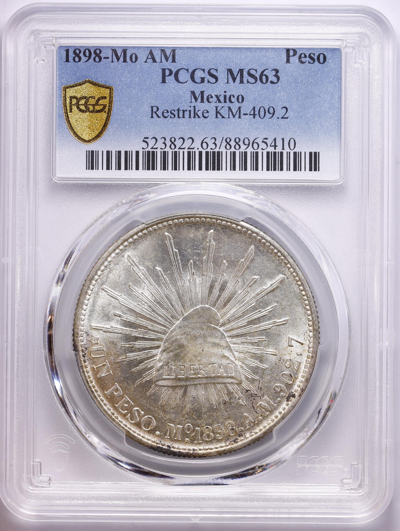 观钱 近现代机制币拍卖No.009（全场顺丰包邮，不区分偏远地区）  1898-Mo AM 墨西哥 1 比索鹰洋银币 PCGS MS63（重铸版 KM-409.2）