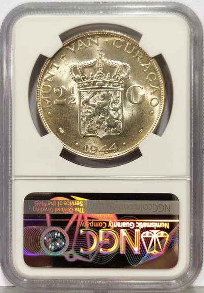 博洋堂“生趣盎然”4月精品专场暨第169期（全场包邮） NGC MS64 荷属库拉索1944年2.5盾银币，黄油彩转光强烈