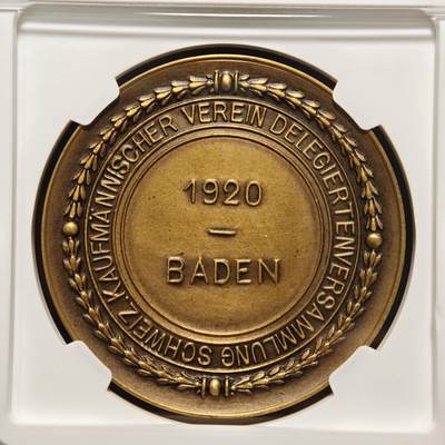 【德藏】世界币章拍卖第171期（拍品征集中~欢迎藏友联系） 1920年 瑞士商业协会在德国巴登召开代表大会纪念铜章 NGC MS62BN 立体感极强 加厚盒封装