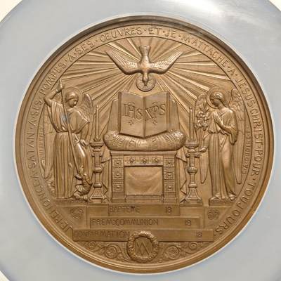 【德藏】世界币章拍卖第171期（拍品征集中~欢迎藏友联系） 19世纪 法国宗教洗礼高浮雕纪念大铜章 69mm NGC MS65BN 细节极其丰富 少见品种