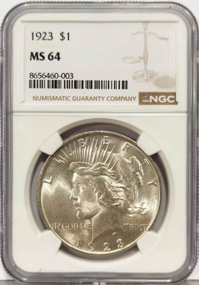 博洋堂“生趣盎然”4月精品专场暨第169期（全场包邮） NGC MS64 美国1923年和平银元P版，原汁原味，银光闪闪，币面清爽干净又舒适，状态一流。