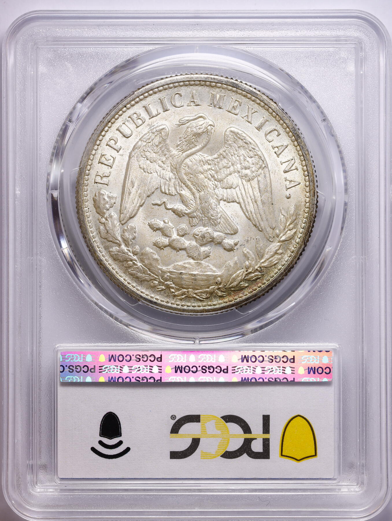观钱 近现代机制币拍卖No.009（全场顺丰包邮，不区分偏远地区）  1898-Mo AM 墨西哥 1 比索鹰洋银币 PCGS MS65（重铸版 KM-409.2）淡黄油包浆，转光赏心悦目