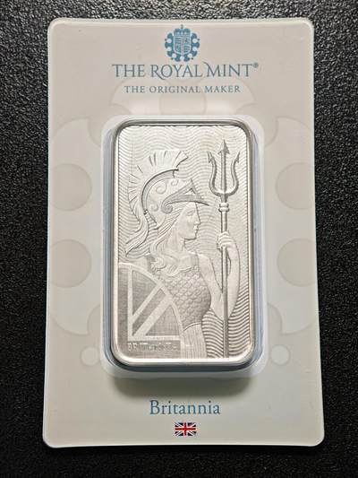 【德藏】世界币章拍卖第171期（拍品征集中~欢迎藏友联系） 英国皇家铸币厂 100克 不列颠女神 999纯银 银条 直径约：28mm×48mm