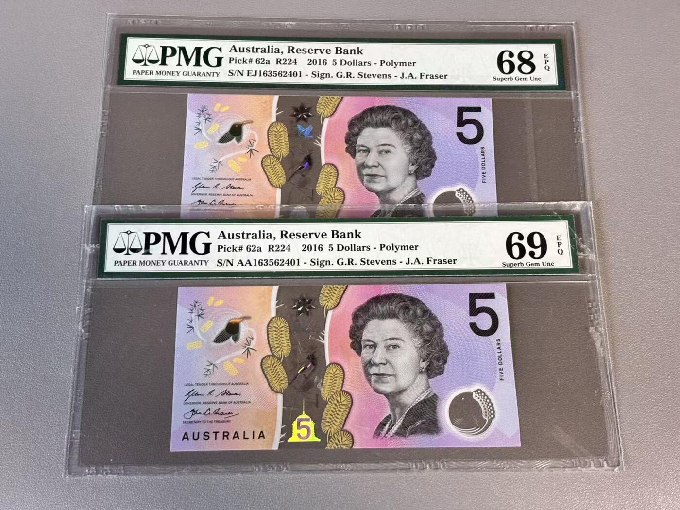 【Blue Auction】世界纸币精拍第812期——18级TOP拍卖/信誉/品质/专业/高效💫 【一组2张同号 含AA冠】澳大利亚 2016年5元 PMG69EPQ-68EPQ 高分