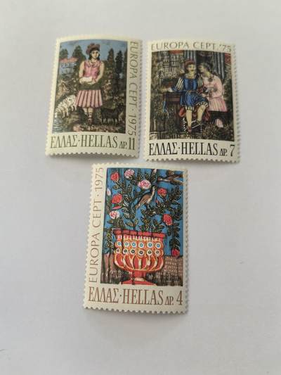 各国成套新旧票 希腊邮票 1975年欧罗巴-哈特兹米歇尔绘画花瓶 带帽女孩等3全新