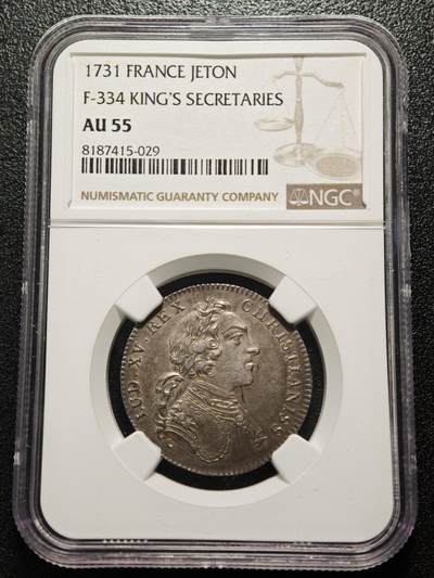 【德藏】世界币章拍卖第171期（拍品征集中~欢迎藏友联系） 1731年 法国路易十五时期国王秘书代用币银章 NGC AU55 原味包浆