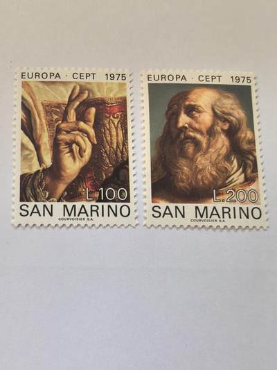 各国成套新旧票 圣马力诺邮票 1975年 欧罗巴 文艺复兴古尔奇诺绘画作品 2全新