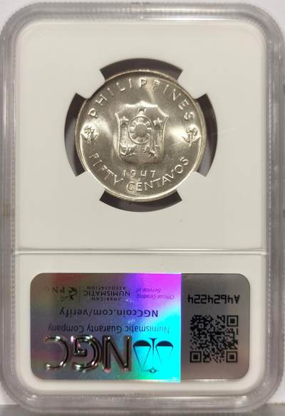 博洋堂“生趣盎然”4月精品专场暨第169期（全场包邮） NGC MS65 菲律宾1947年麦克阿瑟50分银币，原汁原味，银光闪闪，币面清爽干净又舒适，转光强烈细节优秀，状态一流。