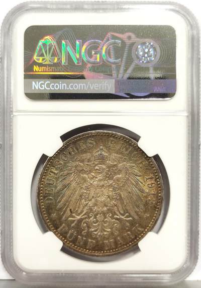 博洋堂“生趣盎然”4月精品专场暨第169期（全场包邮） NGC AU58 德国普鲁士1913年威廉二世戎装5马克银币，背五彩