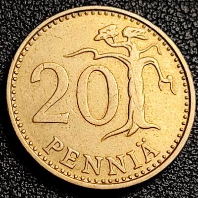泉币菌-第231场-拍品多 请提前出价  芬兰20芬尼1974年 皇冠狮子树 23mm 欧洲币