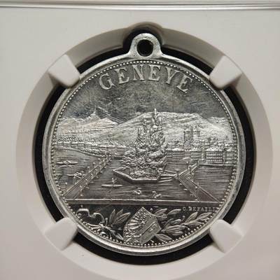 【德藏】世界币章拍卖第171期（拍品征集中~欢迎藏友联系） 1892年 瑞士军官节城市景观白色金属纪念章 NGC MS63 品相极佳 