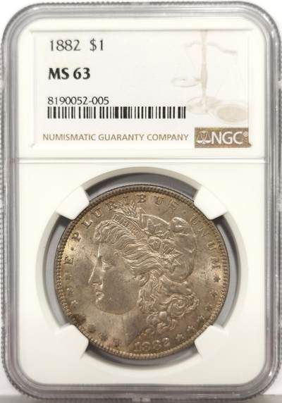 博洋堂“生趣盎然”4月精品专场暨第169期（全场包邮） NGC MS63 美国1882年摩根银币，紫彩纯天然包浆币！全世界银元价值体系里彩酱都比白币贵多了。