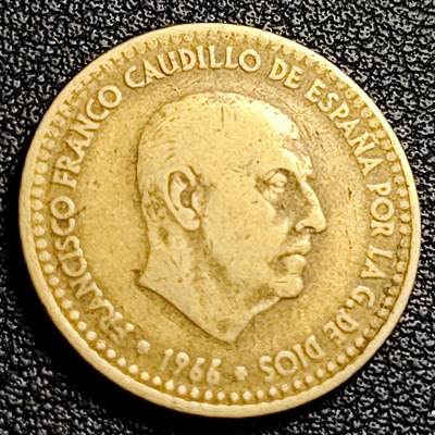 泉币菌-第231场-拍品多 请提前出价 西班牙1966年1比塞塔 独裁者佛朗哥 铝青铜币 硬币 21mm