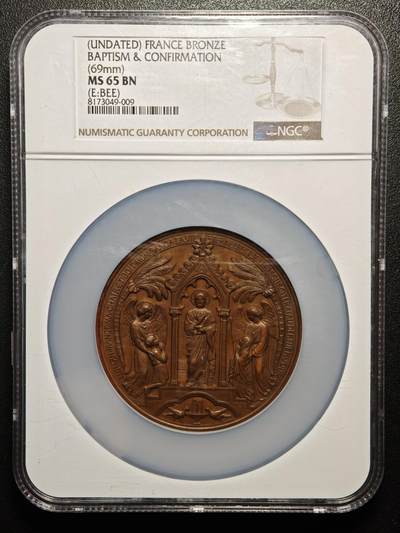 【德藏】世界币章拍卖第171期（拍品征集中~欢迎藏友联系） 19世纪 法国宗教洗礼高浮雕纪念大铜章 69mm NGC MS65BN 细节极其丰富 少见品种