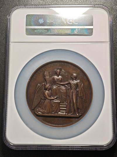 【德藏】世界币章拍卖第171期（拍品征集中~欢迎藏友联系） 1853年 比利时利奥波德王子进入参议院74mm纪念大铜章 著名雕刻师WIENER作品 NGC AU58BN 正面是利奥波德王子左侧面头像，背面是天使和王子的场景 铜质厚重 浮雕精美 巧克力包浆 品相完好 大盒封装