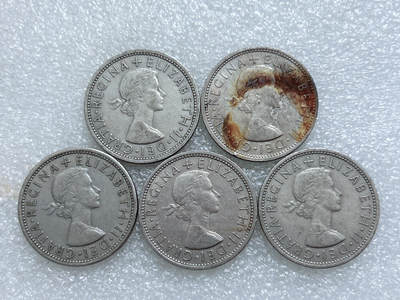 第一海外回流一元起拍收藏 散集专场  第311期 英国1966年2先令硬币 5枚