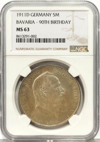博洋堂“生趣盎然”4月精品专场暨第169期（全场包邮） NGC MS63 德国巴伐利亚1911年摄政王利奥波德90大寿5马克银币，原汁原味淡彩老包浆，包浆醇厚舒适，打制深峻，转光强烈细节优秀。