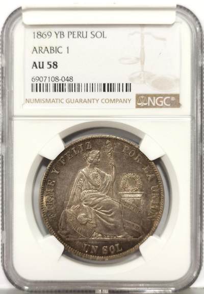 博洋堂“生趣盎然”4月精品专场暨第169期（全场包邮） NGC AU58 秘鲁1869年1索尔银币，早期高银版