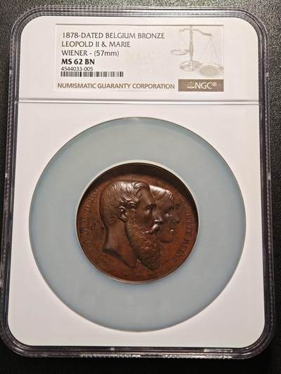 【德藏】世界币章拍卖第171期（拍品征集中~欢迎藏友联系） 1878年 比利时利奥波德二十与玛丽纪念皇室活动57mm高浮雕纪念大铜章 NGC MS62BN 立体感极强 人物刻画极其细致