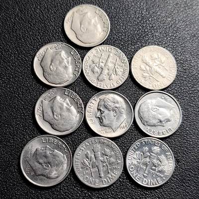 泉币菌-第231场-拍品多 请提前出价 10枚高币值一组 美国10美分镍币 罗斯福总统 混合年份未挑