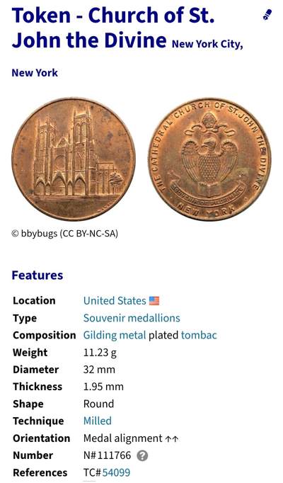 2026年第四十七场(总第二百一十六场）外国好品散币场(免佣金) 美国🇺🇸纽约代币(纽约圣约翰教堂铜制代币)