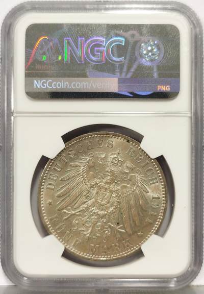 博洋堂“生趣盎然”4月精品专场暨第169期（全场包邮） NGC MS63 德国巴伐利亚1911年摄政王利奥波德90大寿5马克银币，原汁原味淡彩老包浆，包浆醇厚舒适，打制深峻，转光强烈细节优秀。