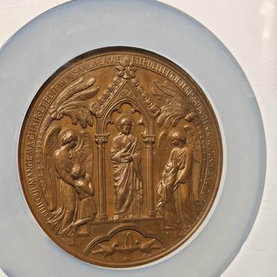 【德藏】世界币章拍卖第171期（拍品征集中~欢迎藏友联系） 19世纪 法国宗教洗礼高浮雕纪念大铜章 69mm NGC MS65BN 细节极其丰富 少见品种
