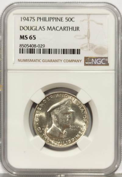 博洋堂“生趣盎然”4月精品专场暨第169期（全场包邮） NGC MS65 菲律宾1947年麦克阿瑟50分银币，原汁原味，银光闪闪，币面清爽干净又舒适，转光强烈细节优秀，状态一流。