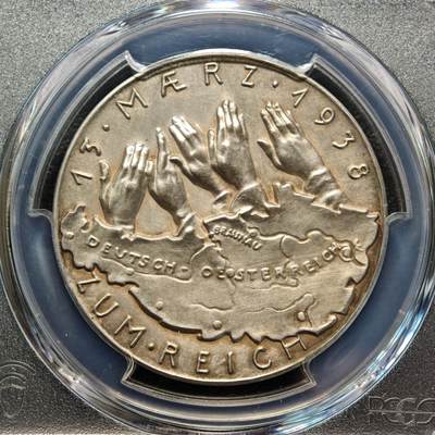 【德藏】世界币章拍卖第171期（拍品征集中~欢迎藏友联系） 1938年 德国民族社会主义工人党吞并奥地利纪念银章 章牌大师卡尔·歌茨作品 PCGS SP62（原图请查询PCGS评级官网）